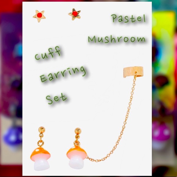 🆕 Pastel Mushroom Cuff Earring Set - Picture 2 of 9